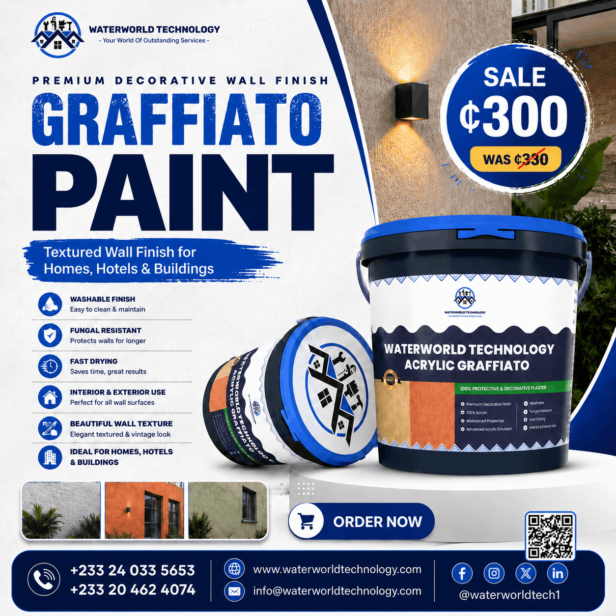 Waterworld Technology Acrylic Graffiato Paint gives walls a premium textured finish for homes, hotels, offices, and buildings.