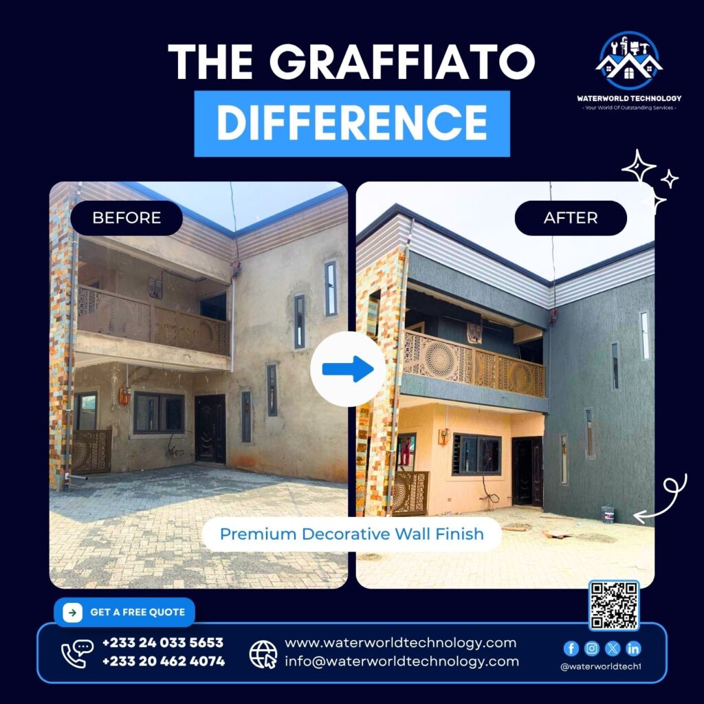 Graffiato Wall Transformation Ghana Before and After Decorative Wall Finishing Project by Waterworld Technology Limited