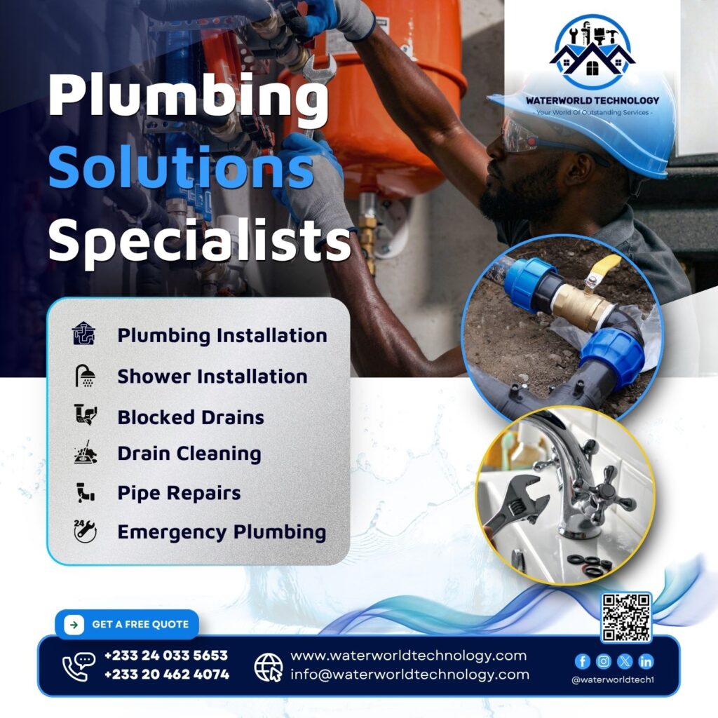 Plumbing Services in Ghana - Waterworld Technology provides professional plumbing solutions for homes, offices, shops, and businesses in Ghana.