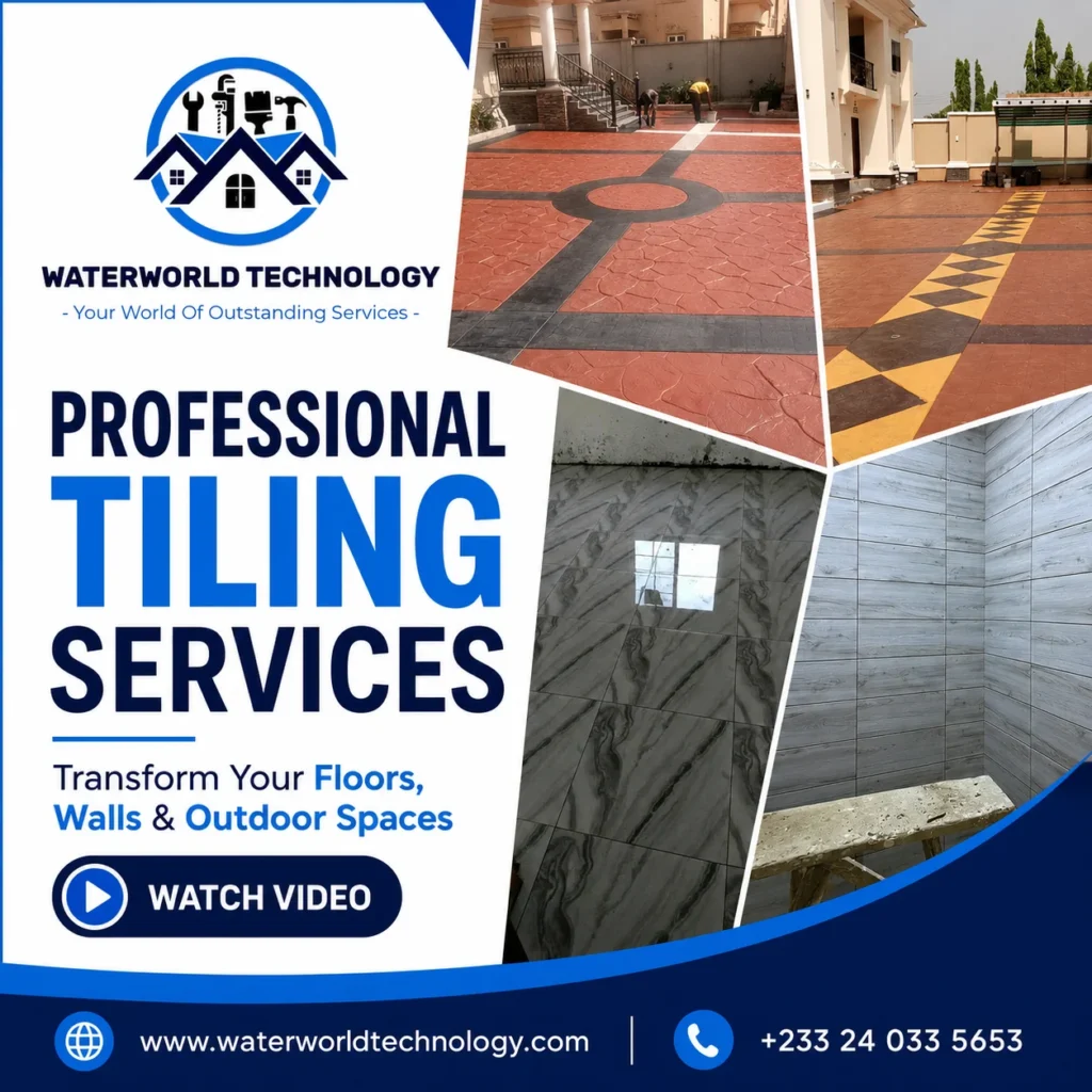 Professional tiling services in Ghana by Waterworld Technology showing floor tiling, wall tiling and outdoor paving project finishes.