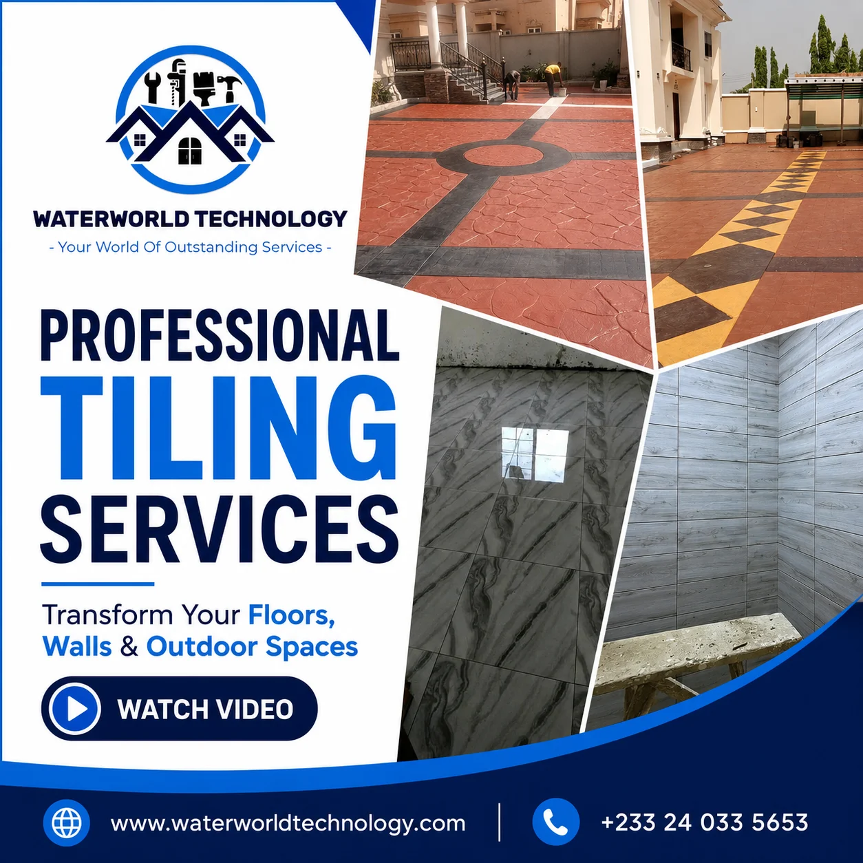 Professional tiling services in Ghana by Waterworld Technology showing floor tiling, wall tiling and outdoor paving project finishes.