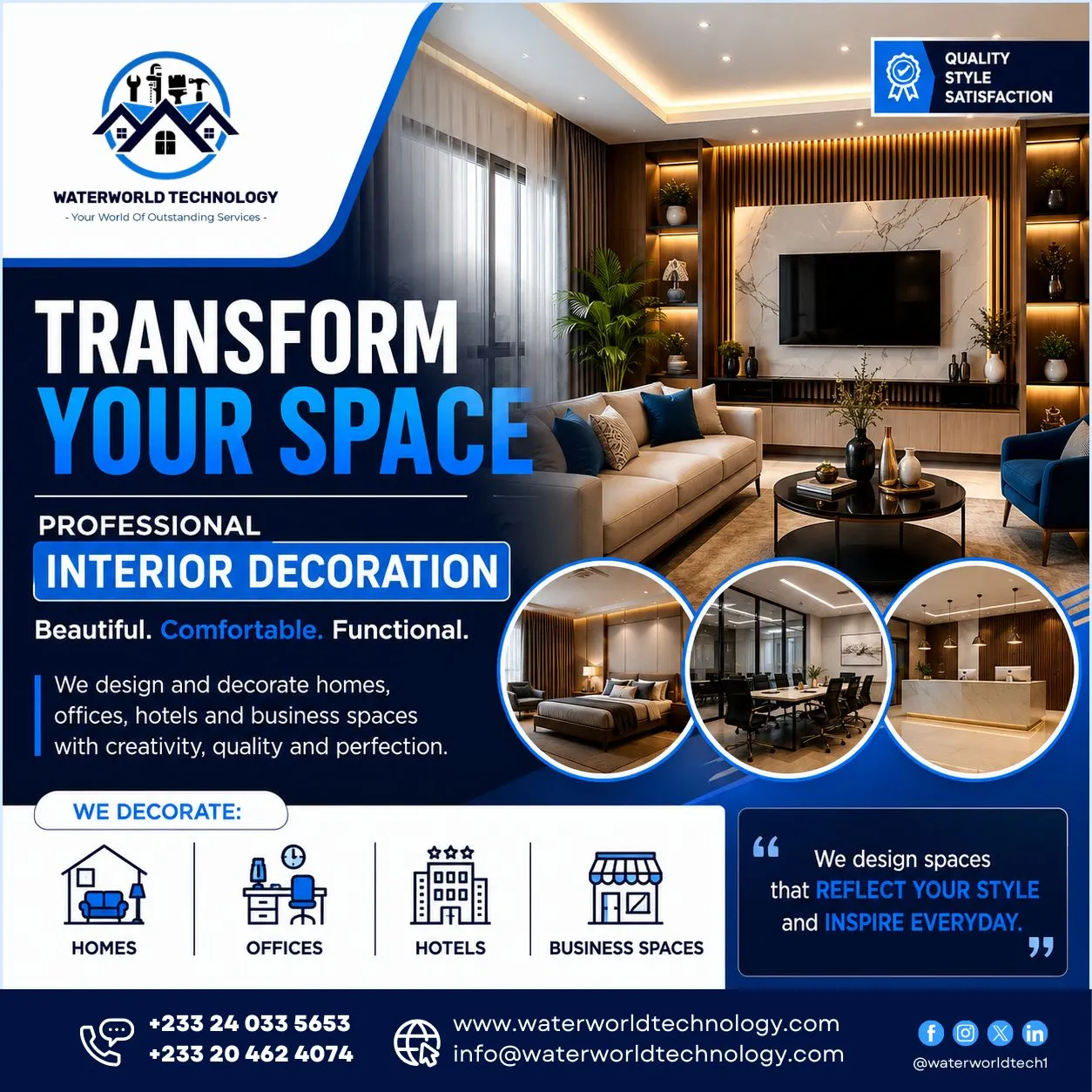 Professional interior decoration services in Ghana by Waterworld Technology