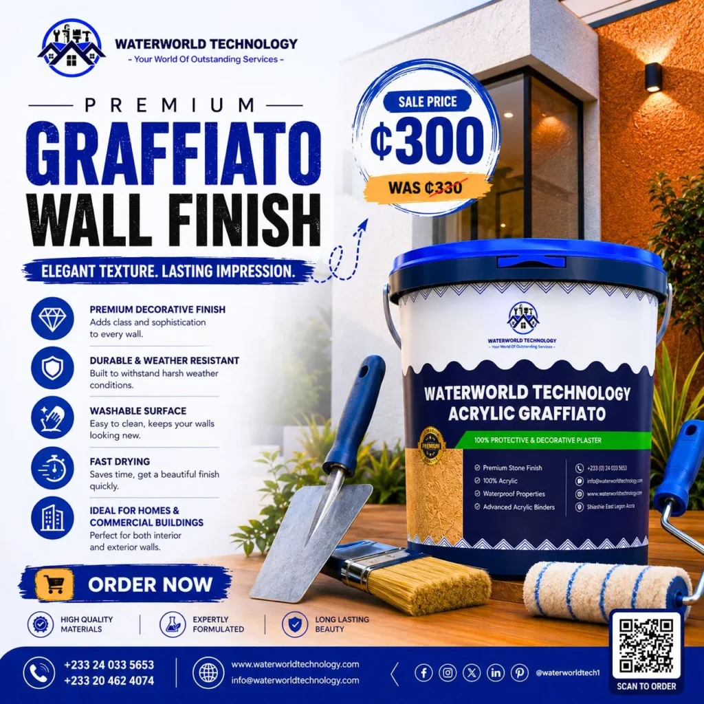 Waterworld Technology Acrylic Graffiato wall finish for homes and commercial buildings in Ghana