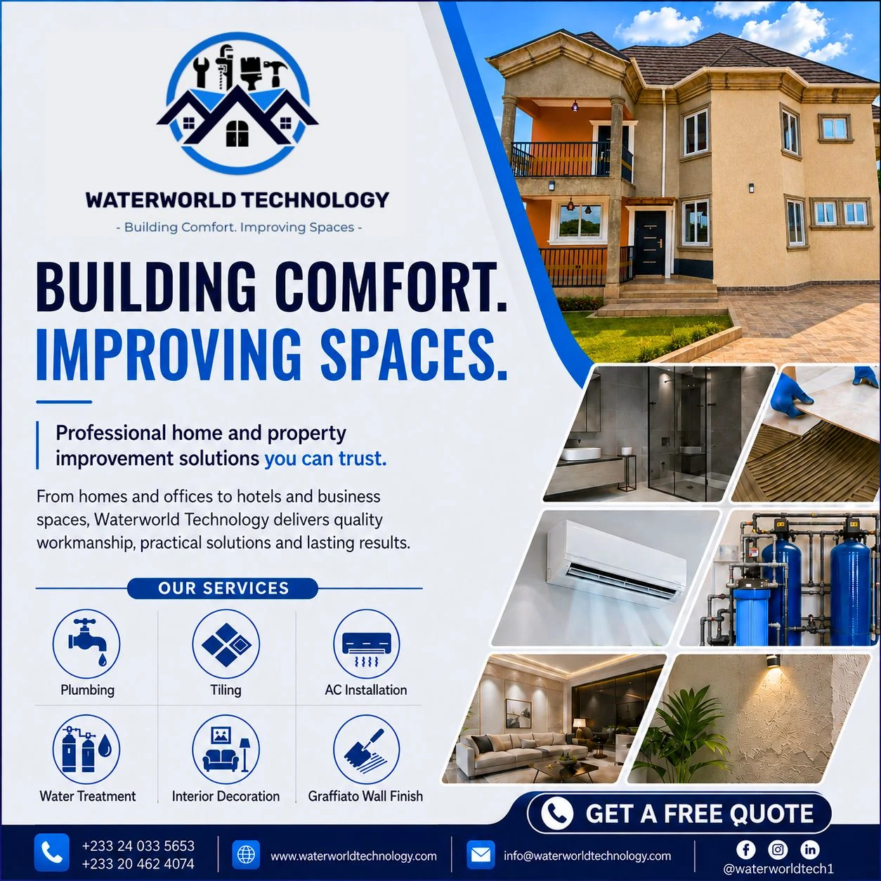 Waterworld Technology home improvement services in Ghana for plumbing, tiling, AC installation, water treatment and interior finishing.