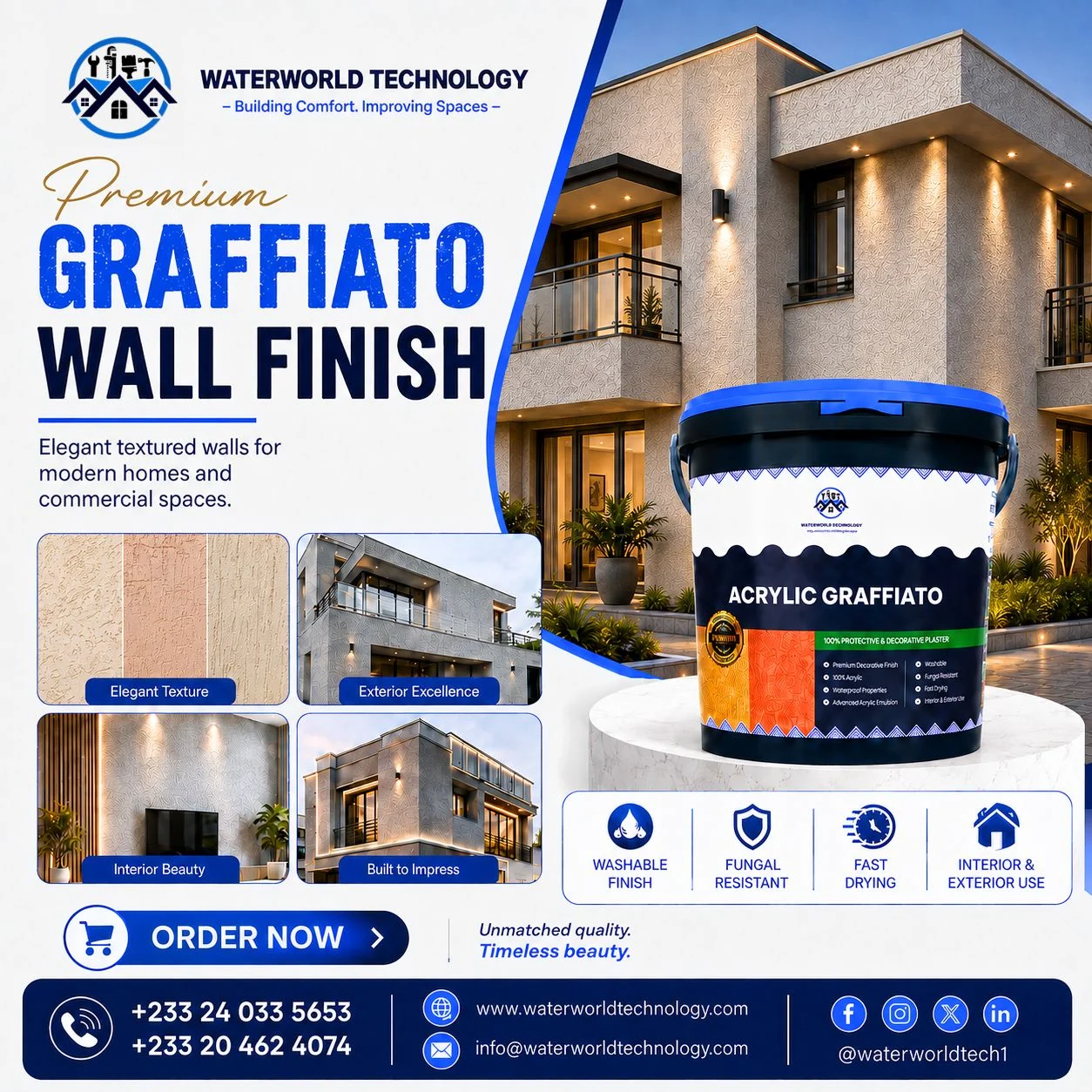 Premium Graffiato wall finish in Ghana by Waterworld Technology showing Acrylic Graffiato, three wall texture patterns and modern exterior and interior wall applications.