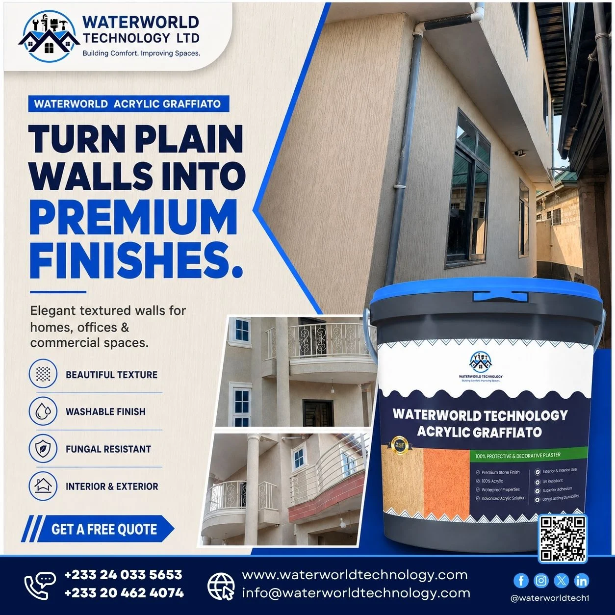 Textured wall finishes in Ghana by Waterworld Technology featuring Acrylic Graffiato on residential exterior walls