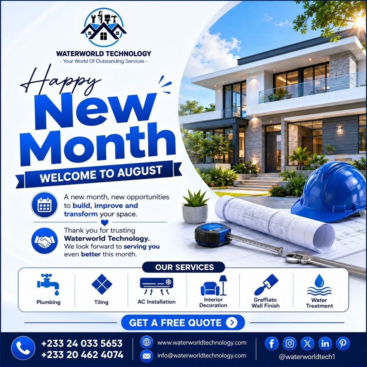 Happy New Month flyer by Waterworld Technology welcoming August and showcasing home improvement services including plumbing, tiling, AC installation, interior decoration, Graffiato wall finish and water treatment in Ghana.