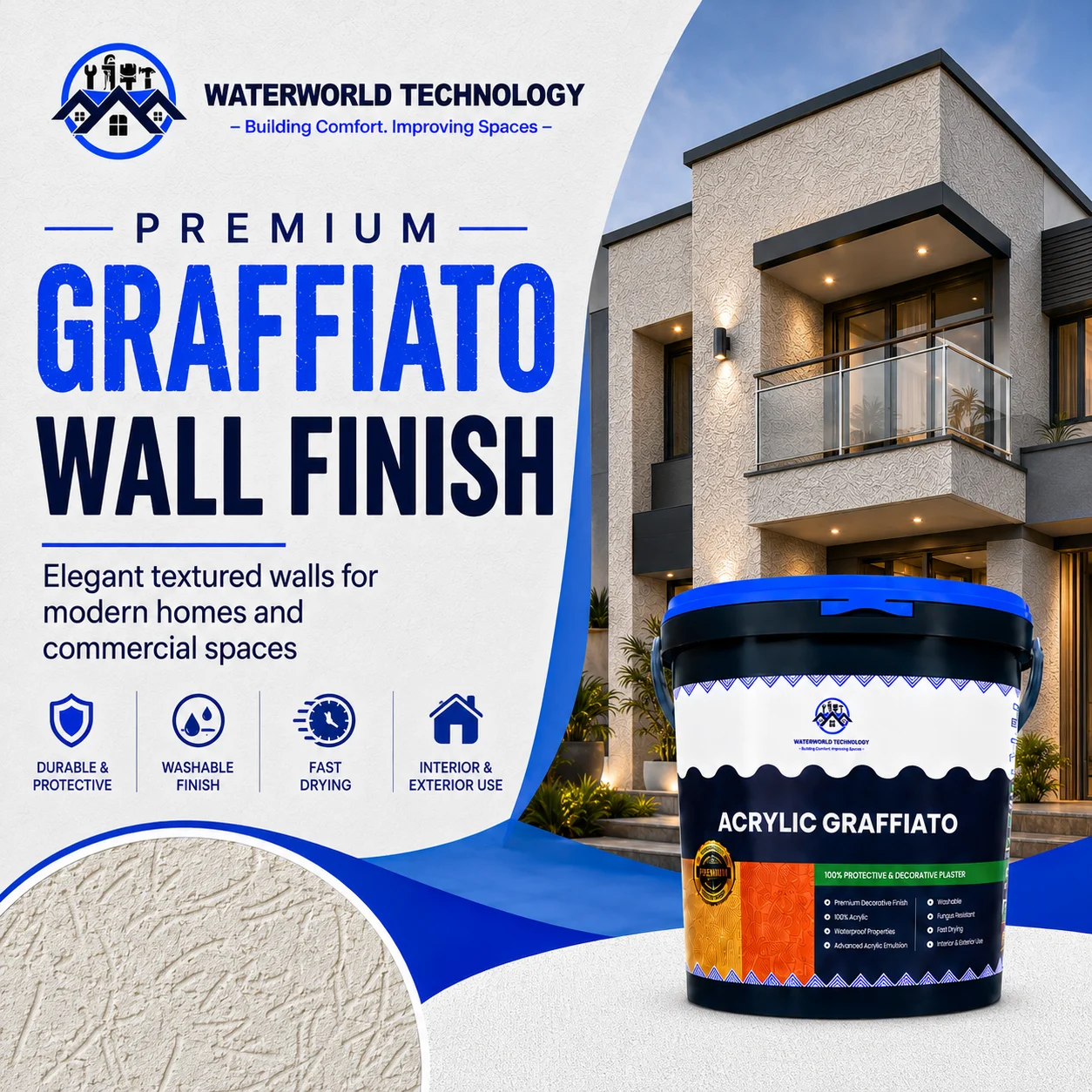 Waterworld Acrylic Graffiato Ghana premium textured wall finish for modern homes and commercial properties