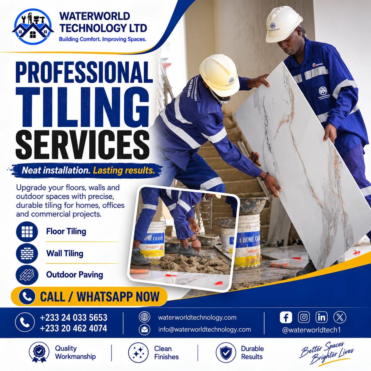 Waterworld Technology providing professional tiling services in Ghana for residential and commercial spaces.