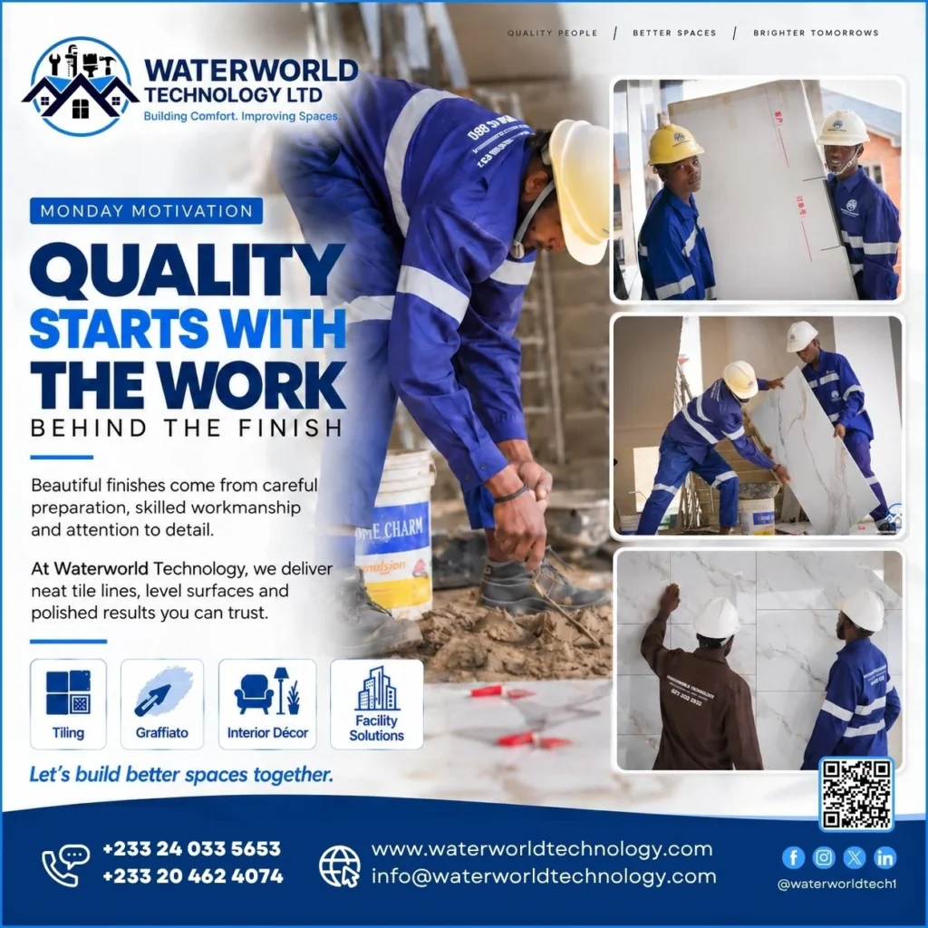 Waterworld Technology workers providing professional tiling services in Ghana during a large-format tile installation project.