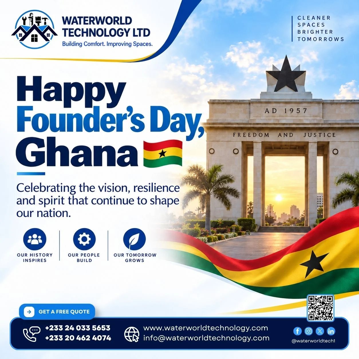 Waterworld Technology Ltd Founder’s Day Ghana 2026 greeting featuring the Independence Arch and Ghana flag colours.