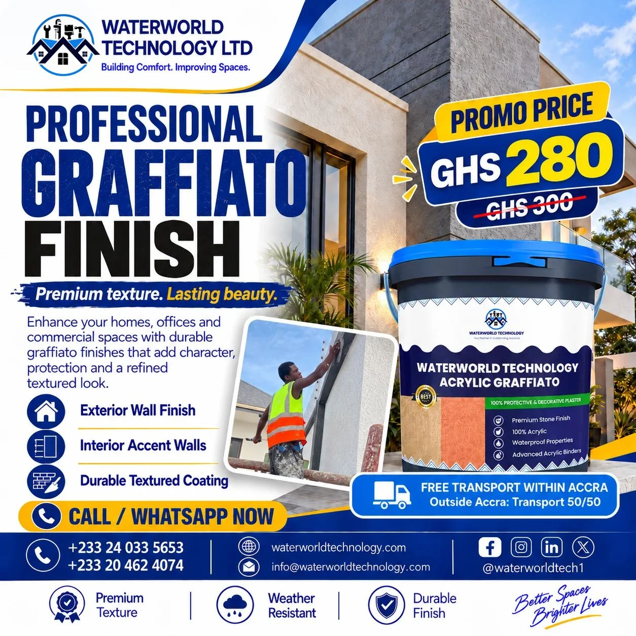 Waterworld Technology Acrylic Graffiato wall finishing in Ghana with GHS 280 promotional price.