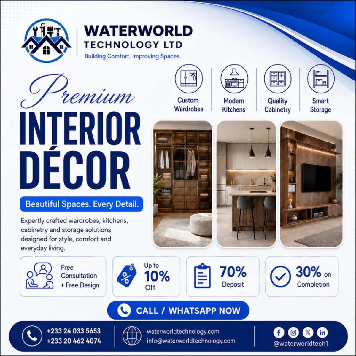 Custom wardrobes in Ghana by Waterworld Technology with modern kitchens, cabinetry and smart storage solutions.