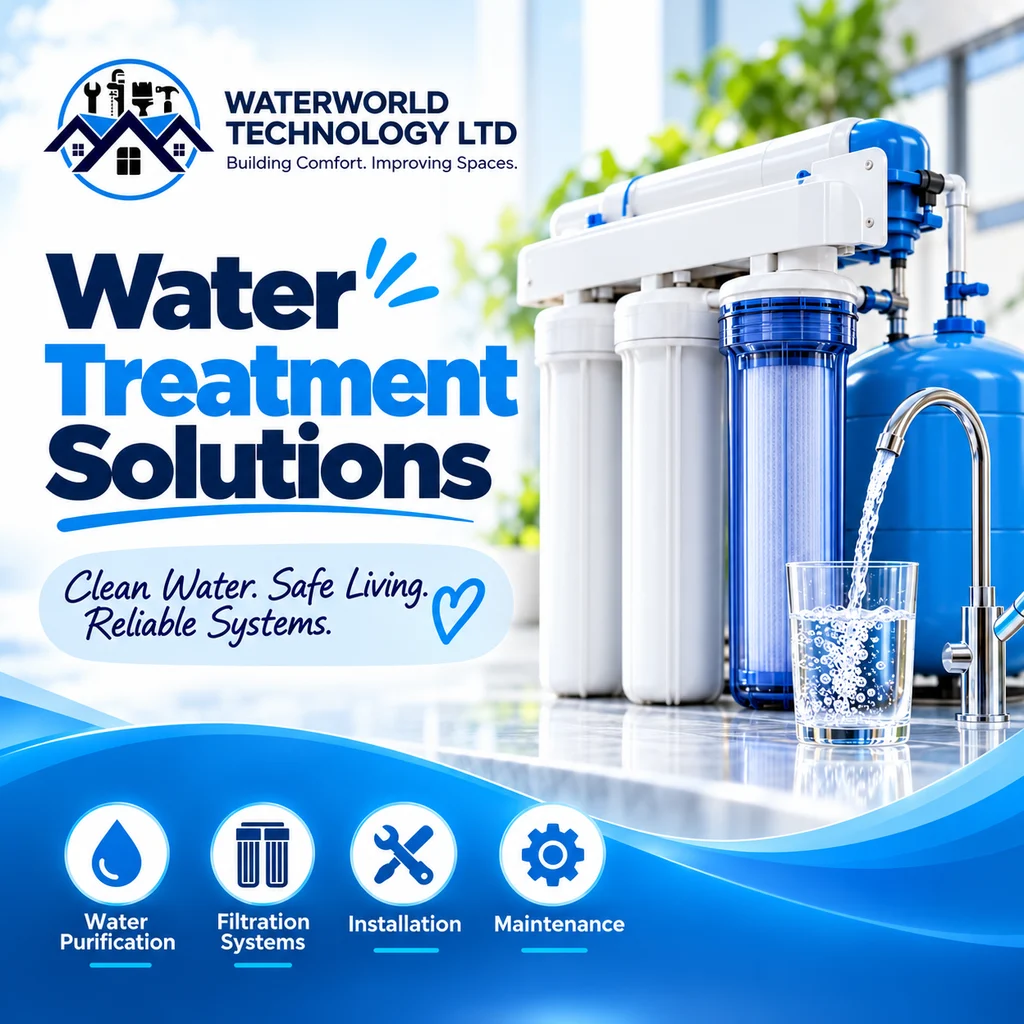 Waterworld Technology professional water treatment in Ghana showing modern filtration equipment and clean purified water.