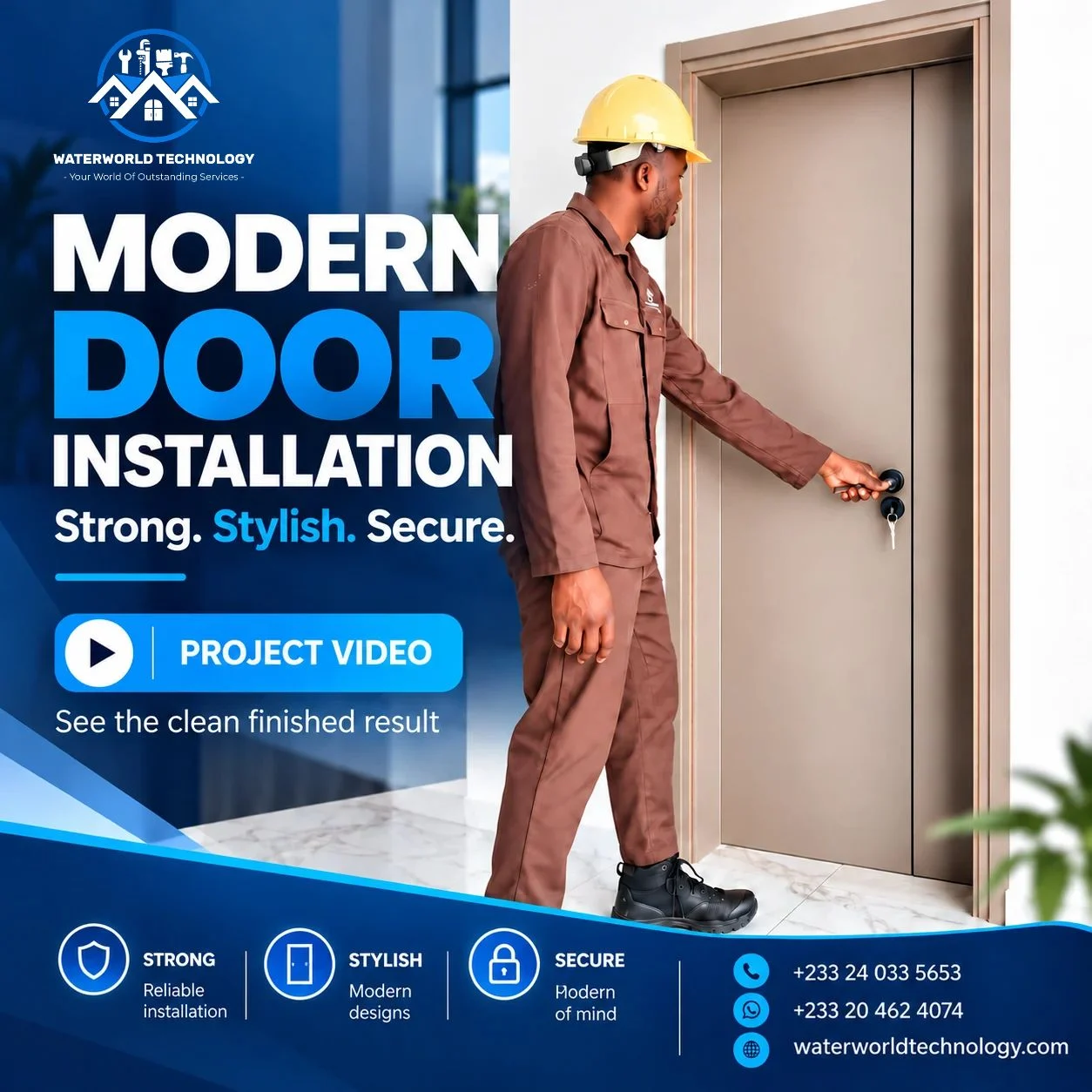Waterworld Technology modern door installation project in Ghana showing professional fitting and a completed modern door.