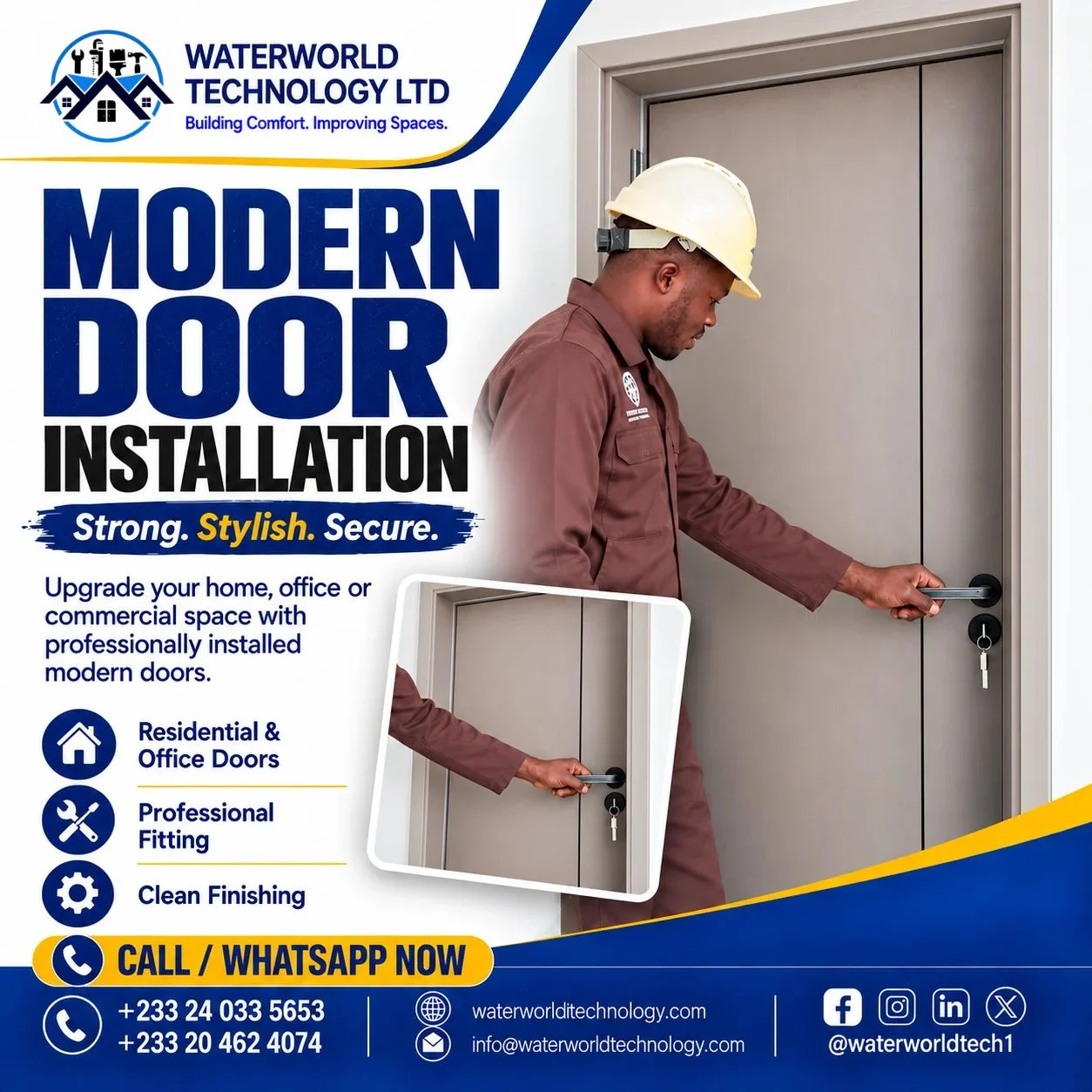 Waterworld Technology providing modern door installation in Ghana for residential, office and commercial spaces.