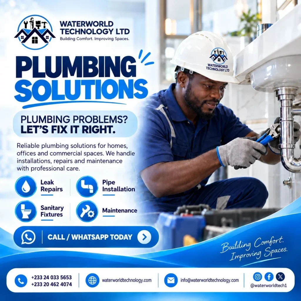 Waterworld Technology professional plumbing services in Ghana showing a plumber repairing pipes beneath a sink.