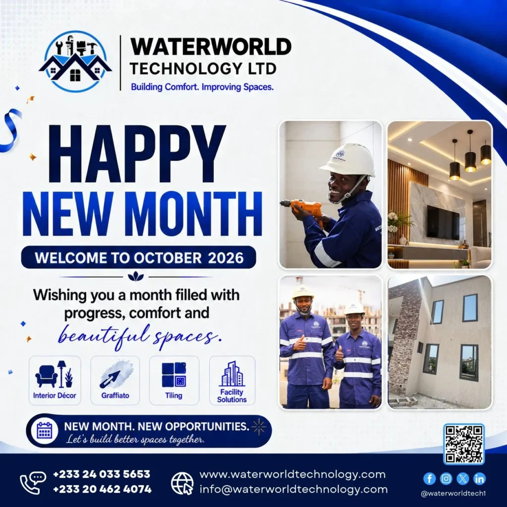 Happy New Month October 2026 from Waterworld Technology featuring real team members and completed project work.