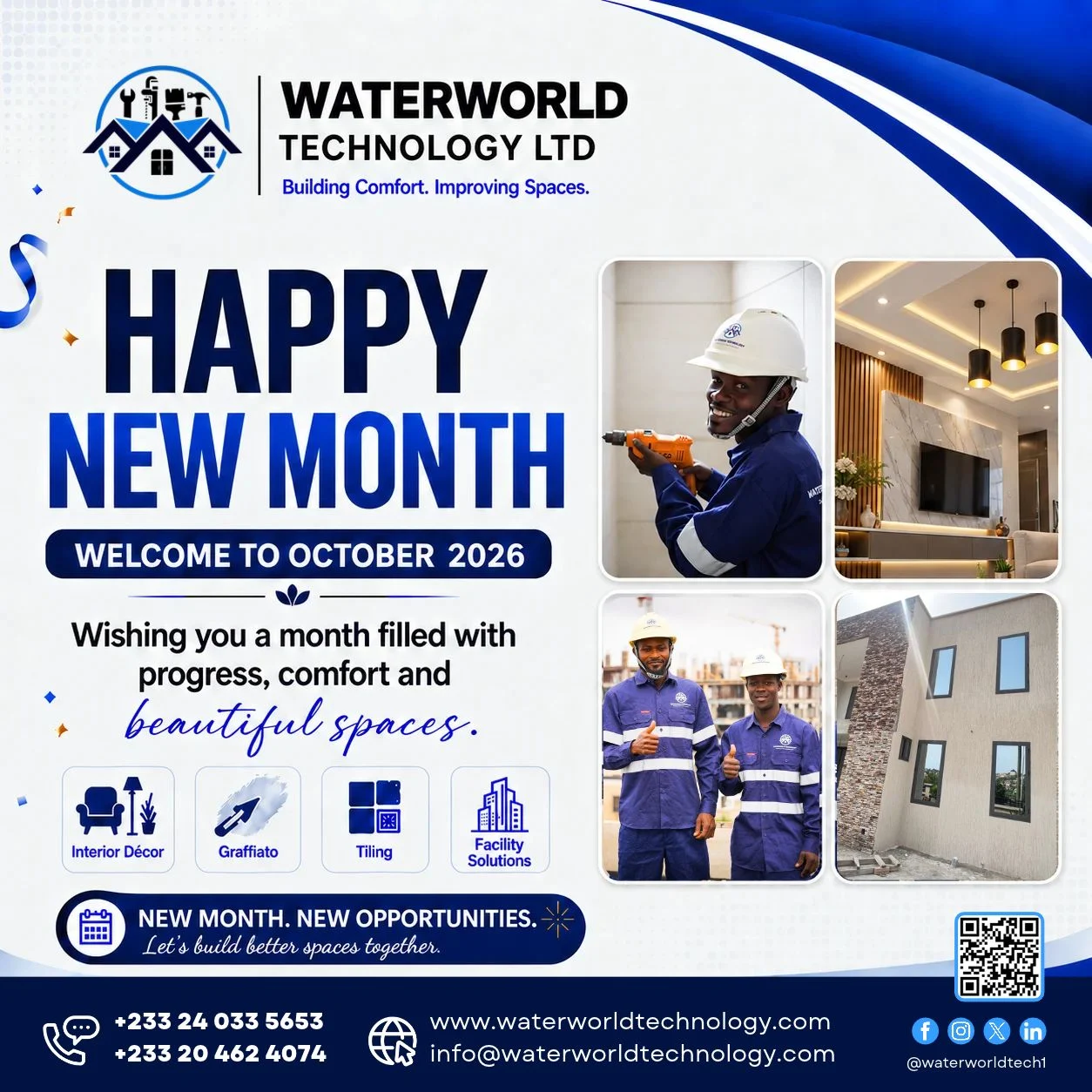 Happy New Month October 2026 from Waterworld Technology featuring real team members and completed project work.