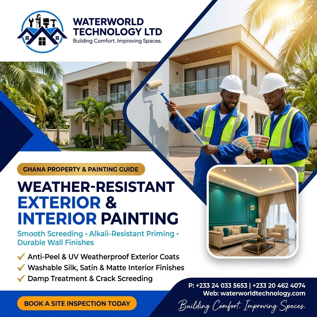 Exterior and interior painting in Ghana by Waterworld Technology Ltd showing weather-resistant exterior facade and smooth interior wall finishes