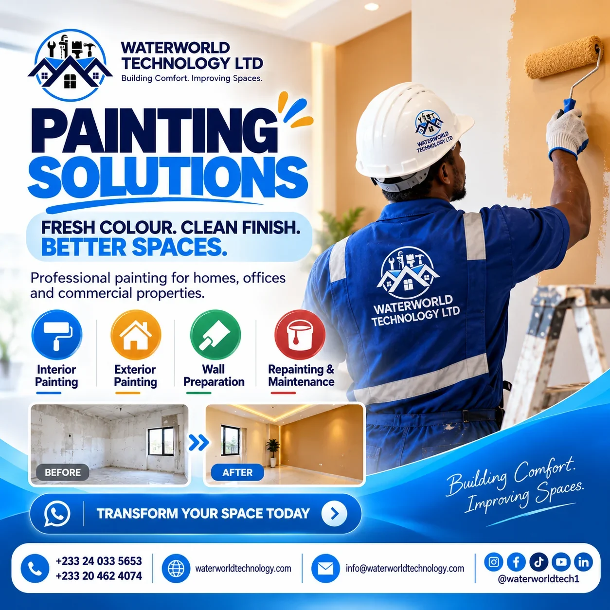 Waterworld Technology Painting Solutions flyer showing a professionally painted interior